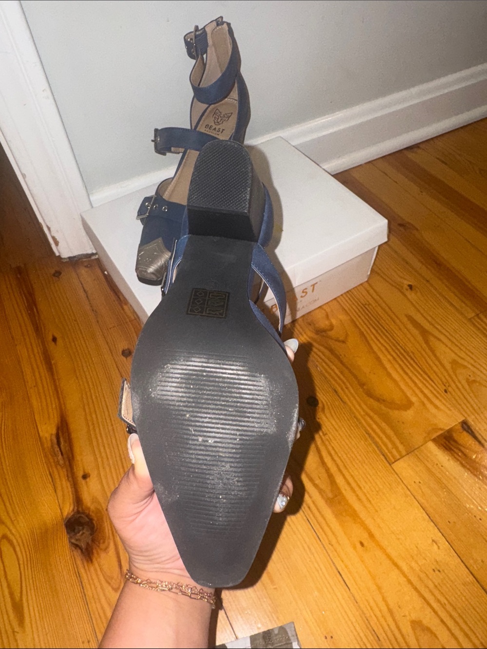 BEAST FASHION Navy Pointed Toe Buckle-Strap Heels with Metallic Cap - Picture 3 of 3